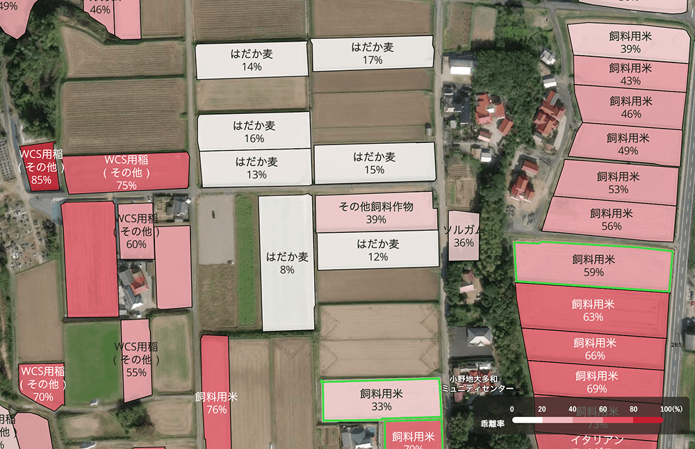 作付け予測と、その乖離率が地図上に表示されている図